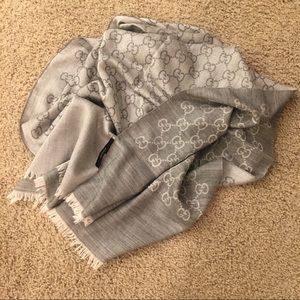 Gucci silver grey silk wool GG logo scarf